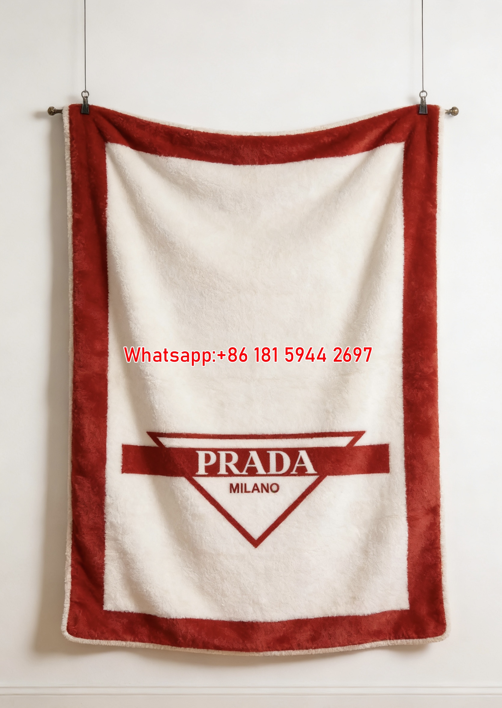 Prada Red And White Inverted Triangle Logo Printed Flannel Throw Blanket IMG_2753